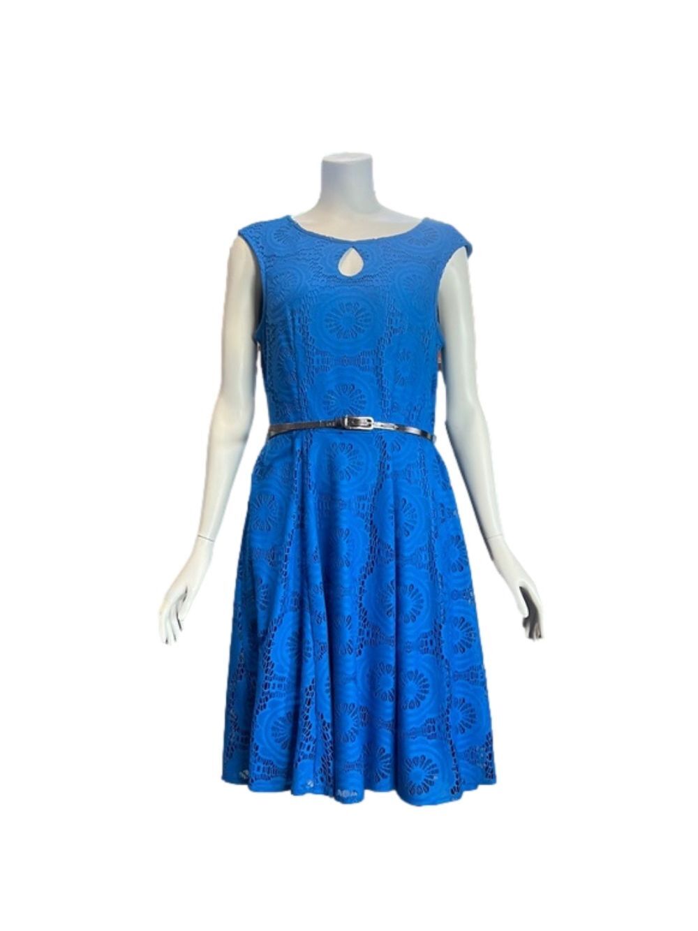 London Style Blue Lace Belted Dress Sleeveless Size 6